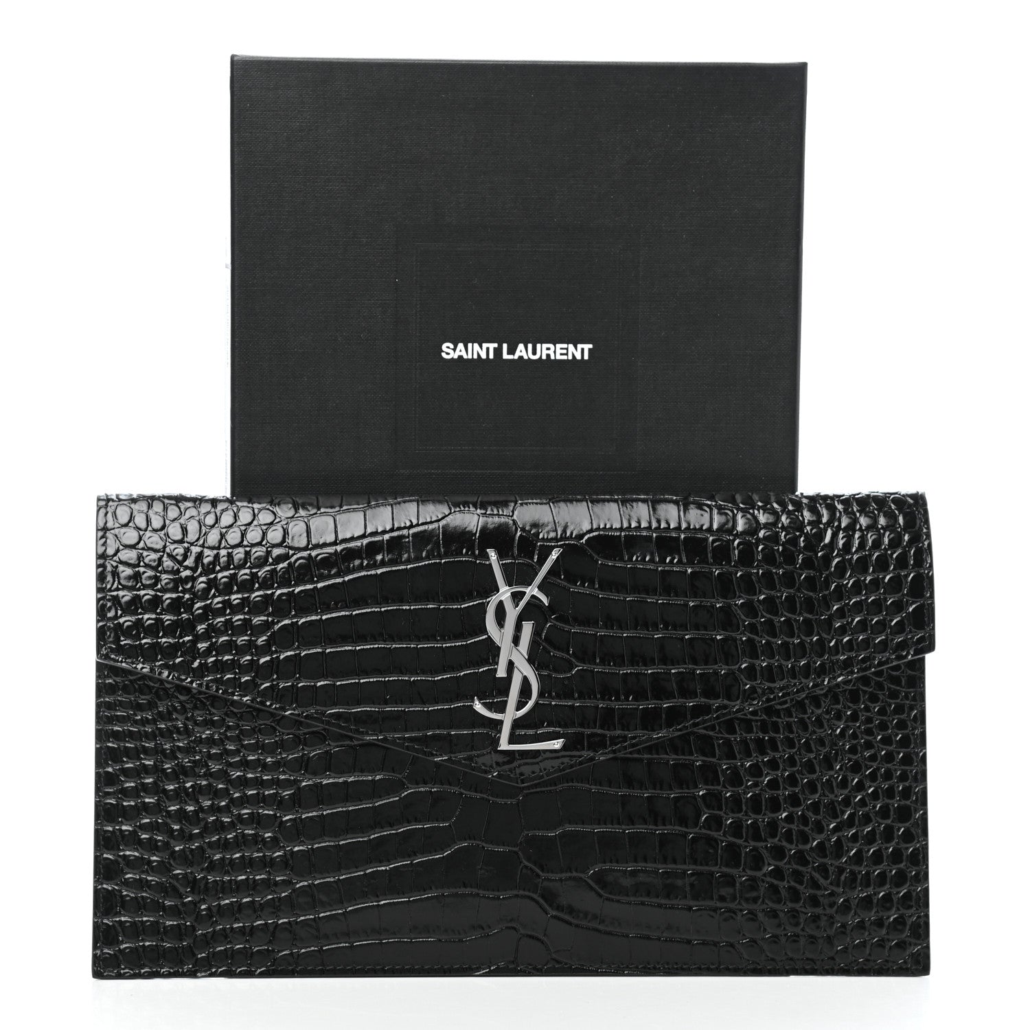 Saint Laurent Calfskin Crocodile Embossed Uptown Monogram Clutch Black 7 of 7