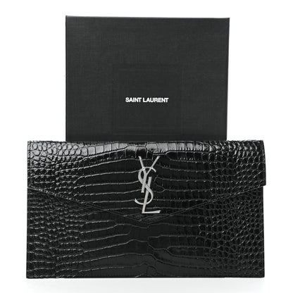 Saint Laurent Calfskin Crocodile Embossed Uptown Monogram Clutch Black 7 of 7