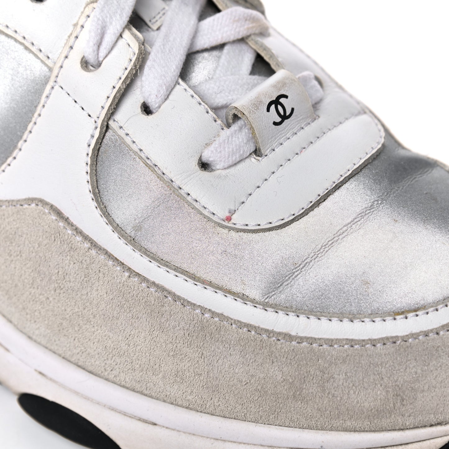 Calfskin Fabric Sneakers 39 White Silver Fluo Pink