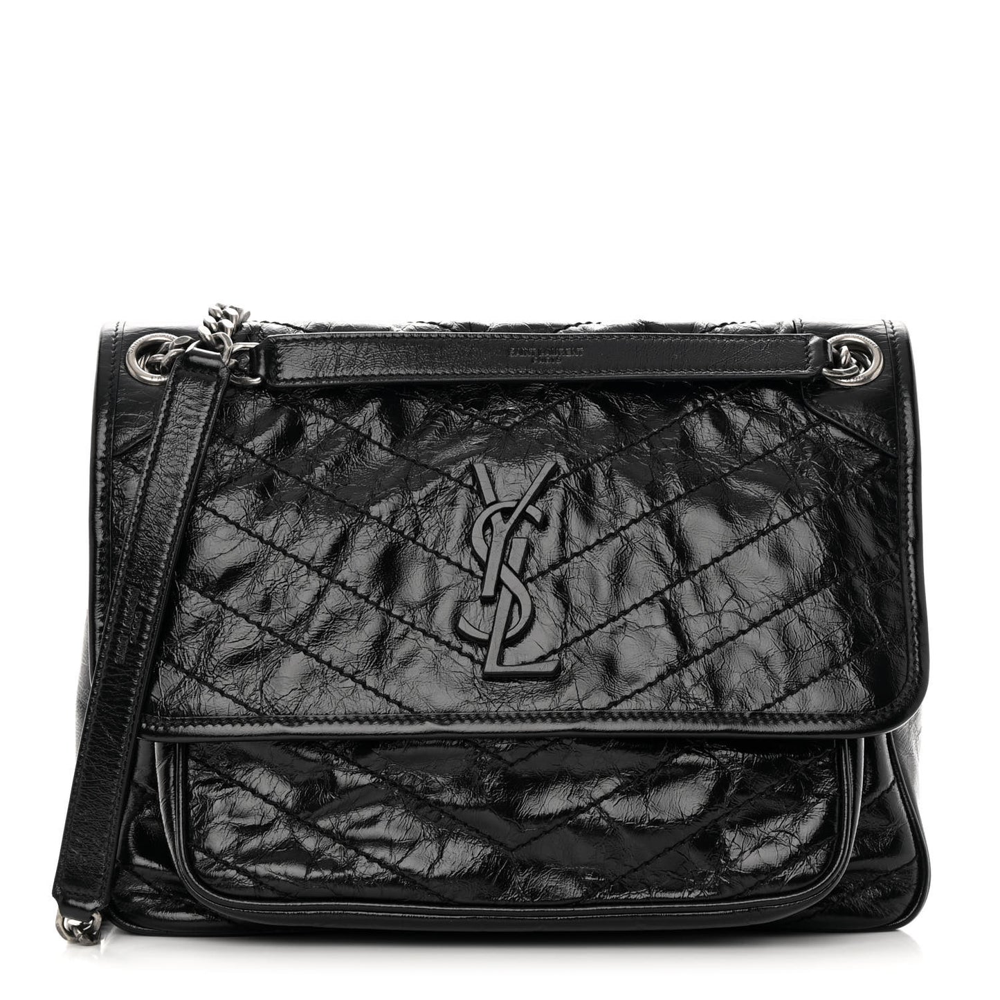 Crinkled Calfskin Matelasse Monogram Medium Niki Chain Satchel Black