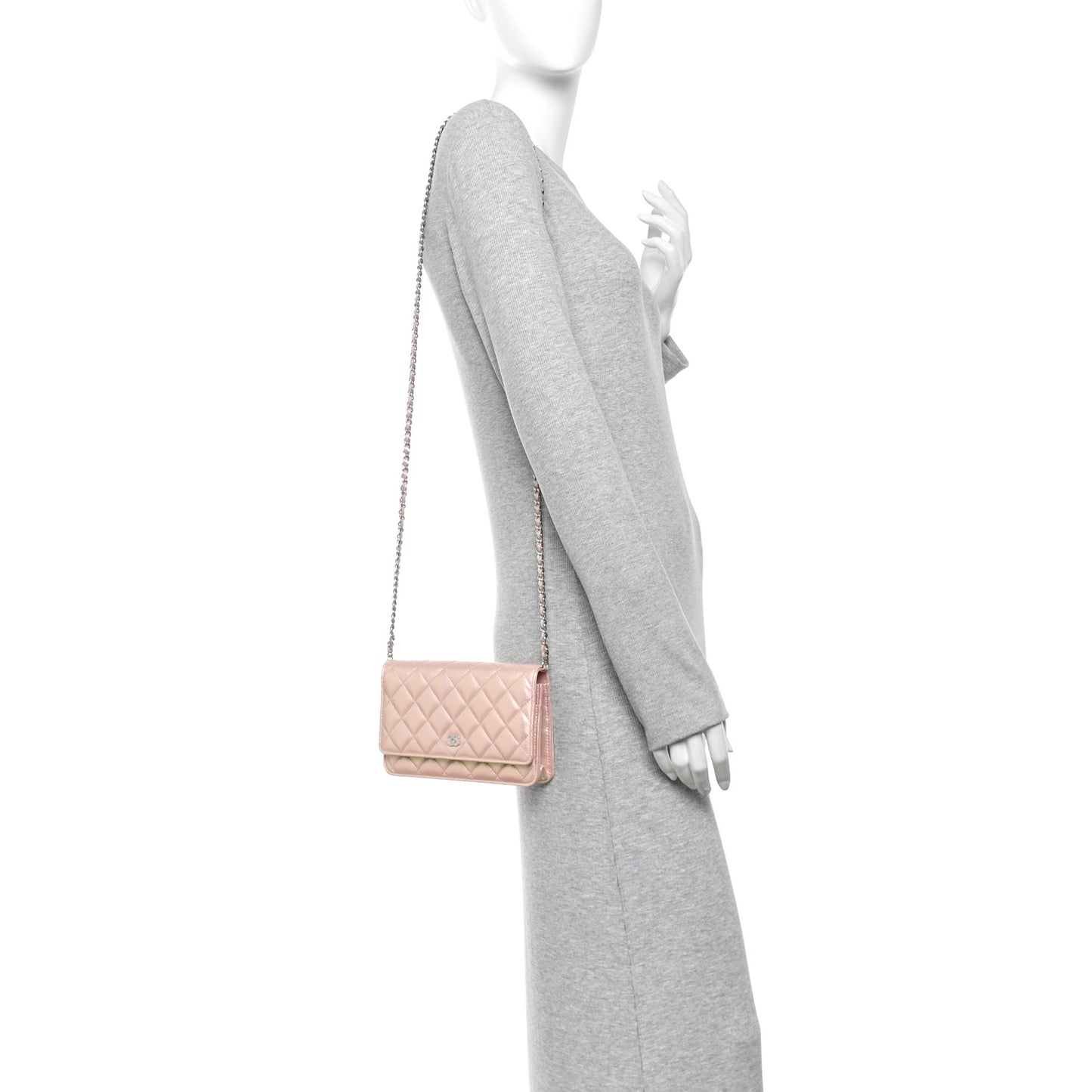 Iridescent Calfskin Quilted Wallet On Chain WOC Pink