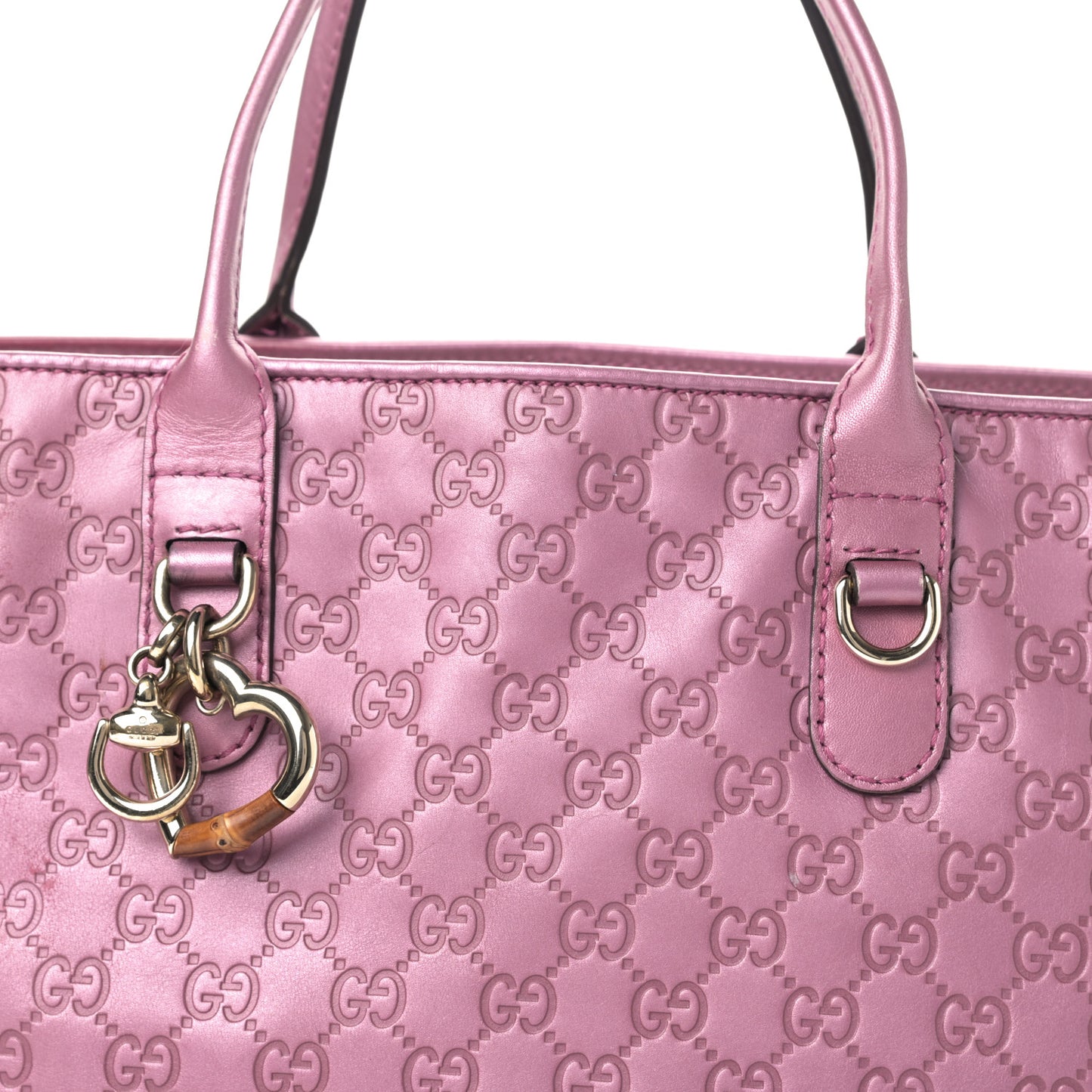 Metallic Soft Guccissima Large Heart Bit Charm Top Handle Tote Fresia Rose