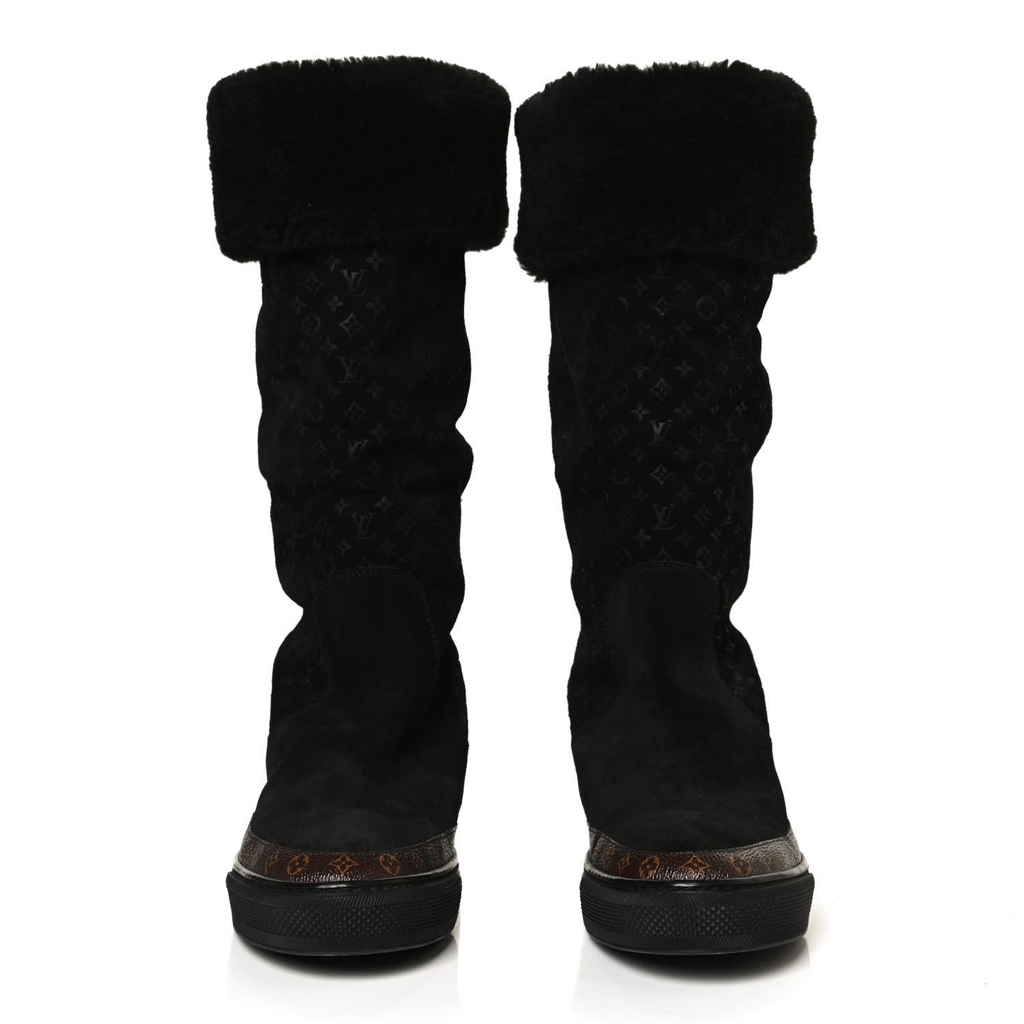 Suede Calfskin Monogram Embossed Snowball Flat Half Boots 39.5 Black