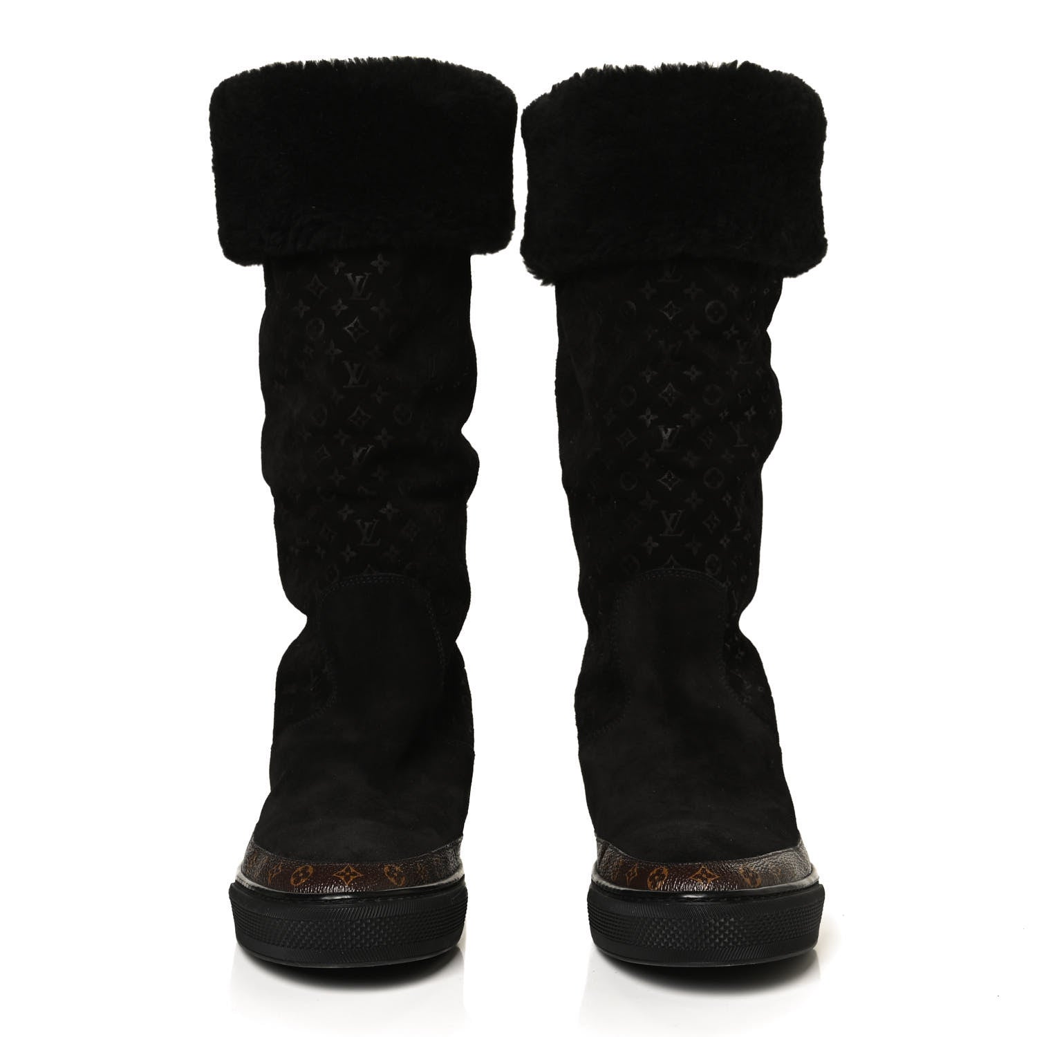 Louis Vuitton Suede Calfskin Monogram Embossed Snowball Flat Half Boots 39.5 Black 2 of 11