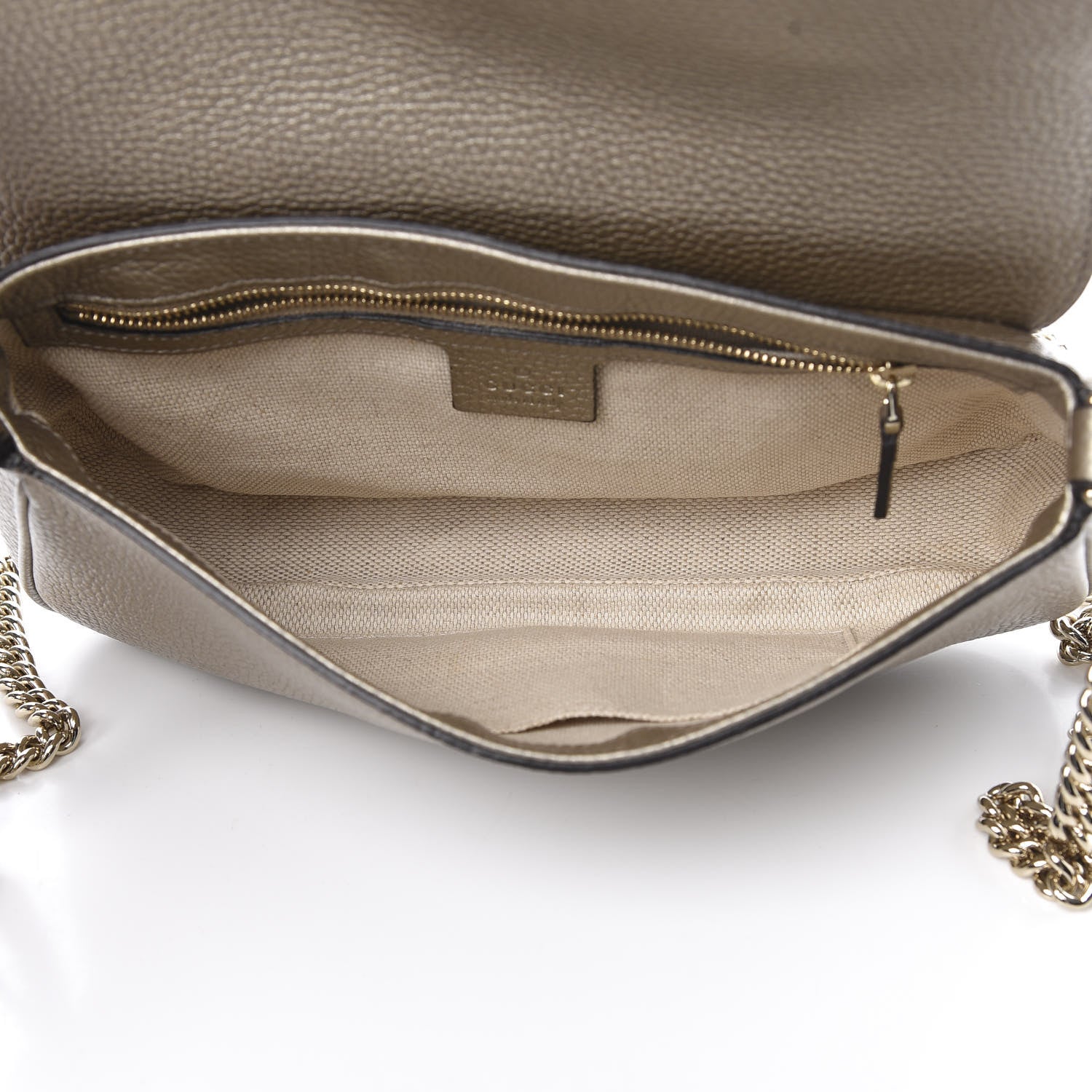 Gucci Metallic Pebbled Calfskin Medium Soho Flap Crossbody Golden Beige 5 of 11
