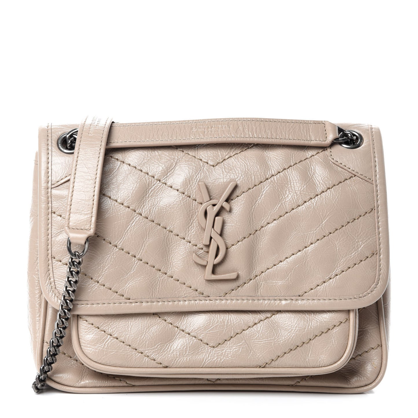 Crinkled Calfskin Matelasse Monogram Baby Niki Chain Satchel Light Taupe