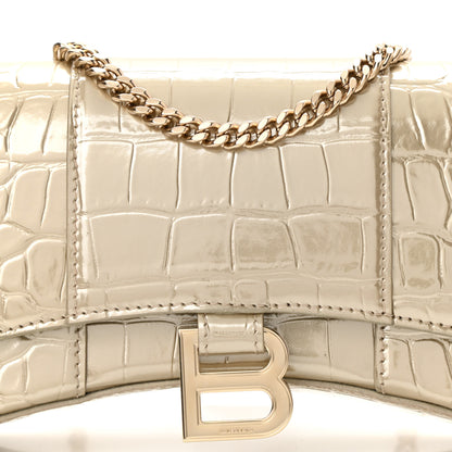 Balenciaga Shiny Calfskin Crocodile Embossed Hourglass Chain Bag Light Gold 7 of 9