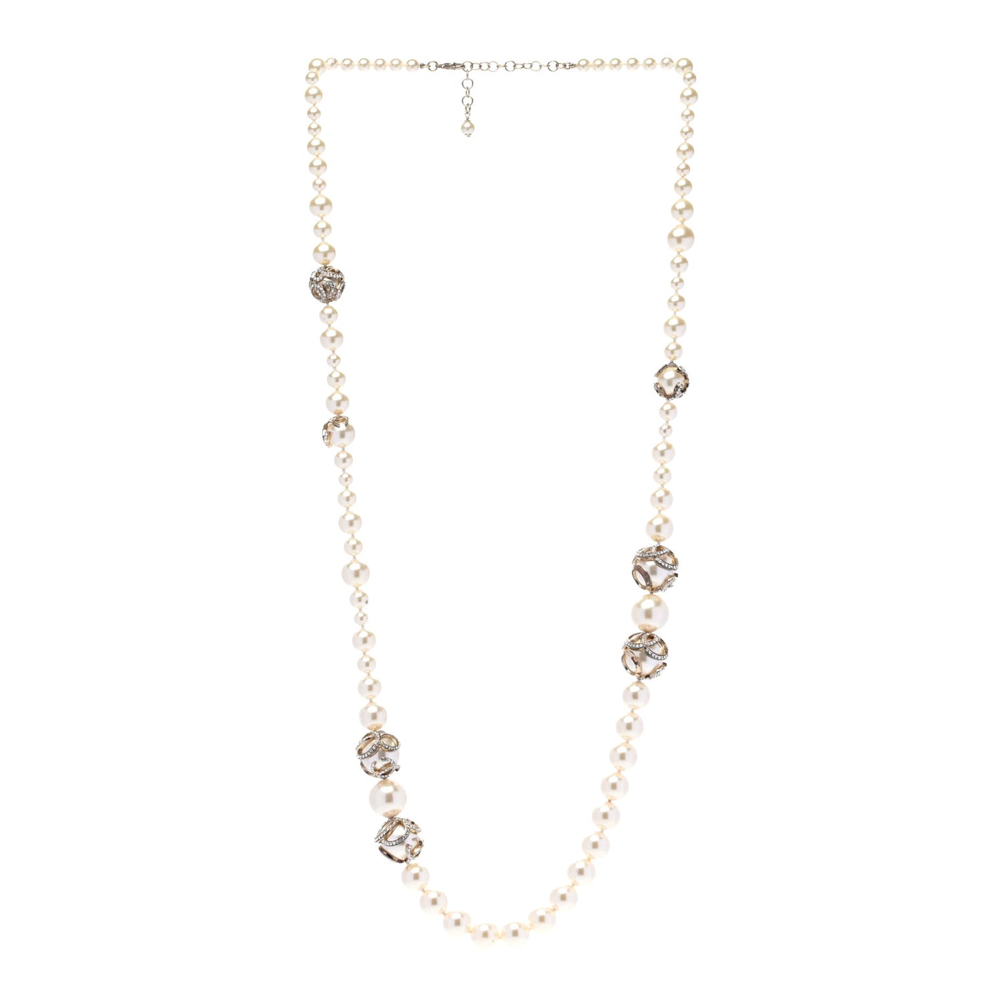 Pearl Crystal CC Long Necklace Gold Pearly White