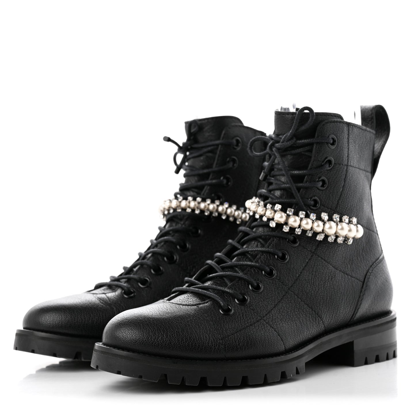 Grained Calfskin Crystal Embellished Cruz Combat Boots 36 Black