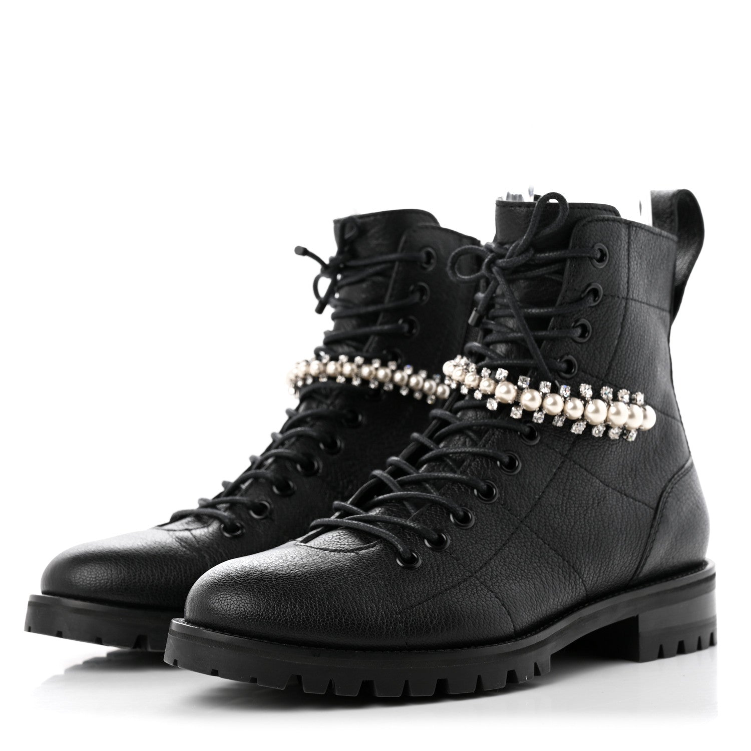 Jimmy Choo Grained Calfskin Crystal Embellished Cruz Combat Boots 36 Black 3 of 8