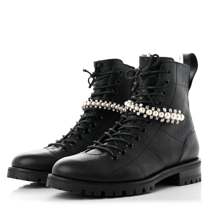 Jimmy Choo Grained Calfskin Crystal Embellished Cruz Combat Boots 36 Black 3 of 8