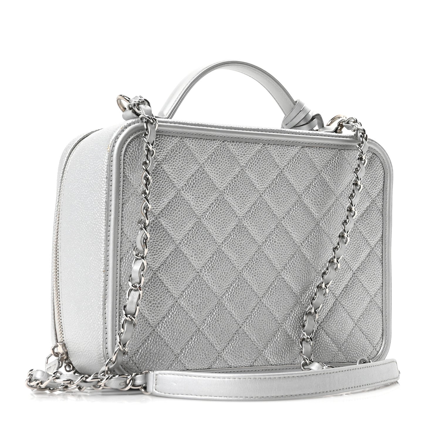 Metallic Caviar Quilted Large CC Filigree Vanity Case Silver