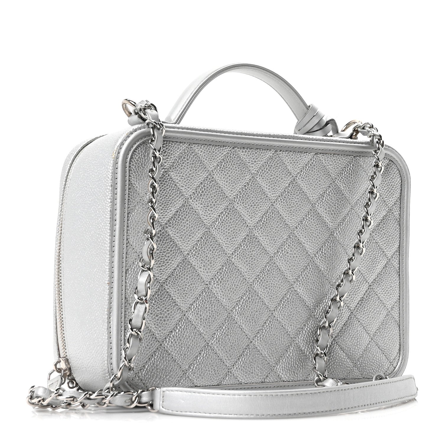 Chanel Metallic Caviar Quilted Large CC Filigree Vanity Case Silver 3 of 10