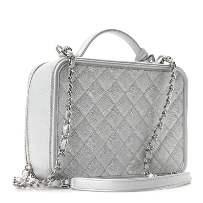 Chanel Metallic Caviar Quilted Large CC Filigree Vanity Case Silver 3 of 10