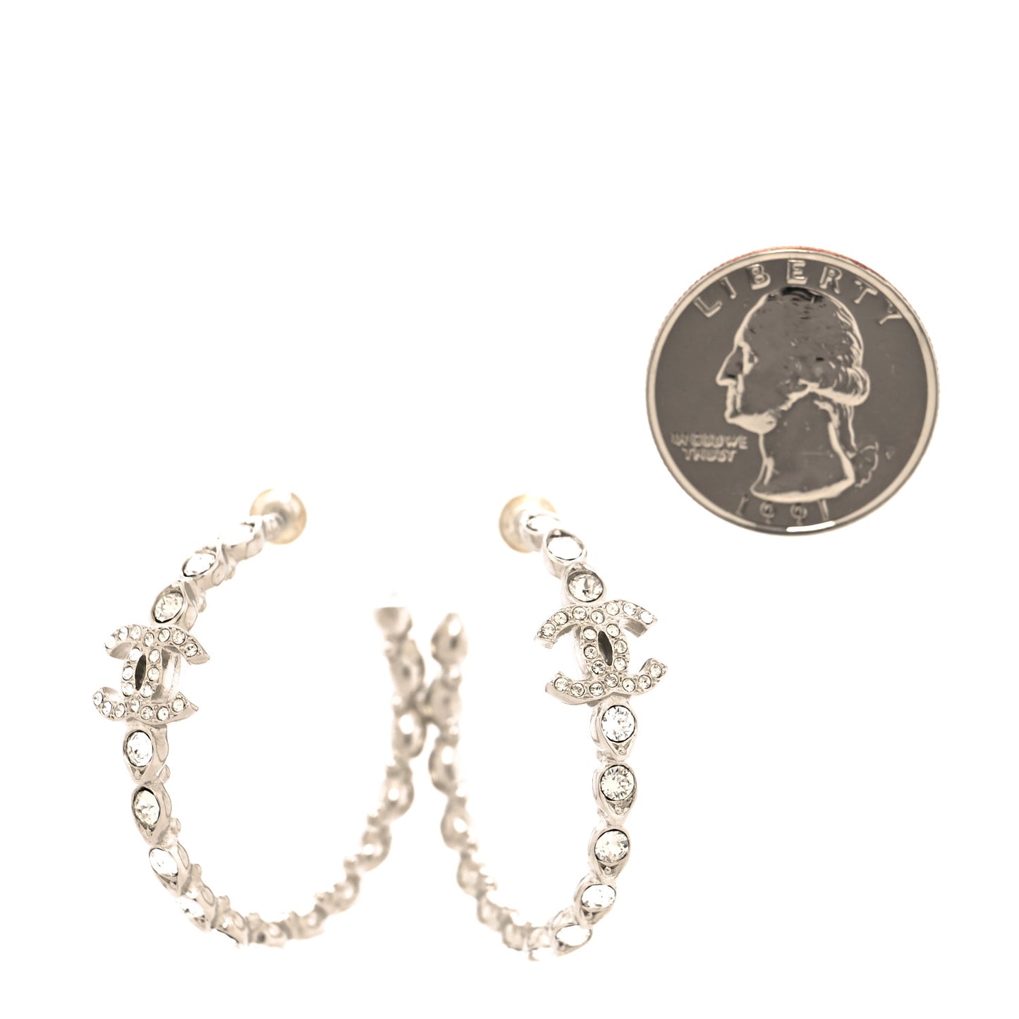 Metal Crystal CC Hoop Earrings Silver