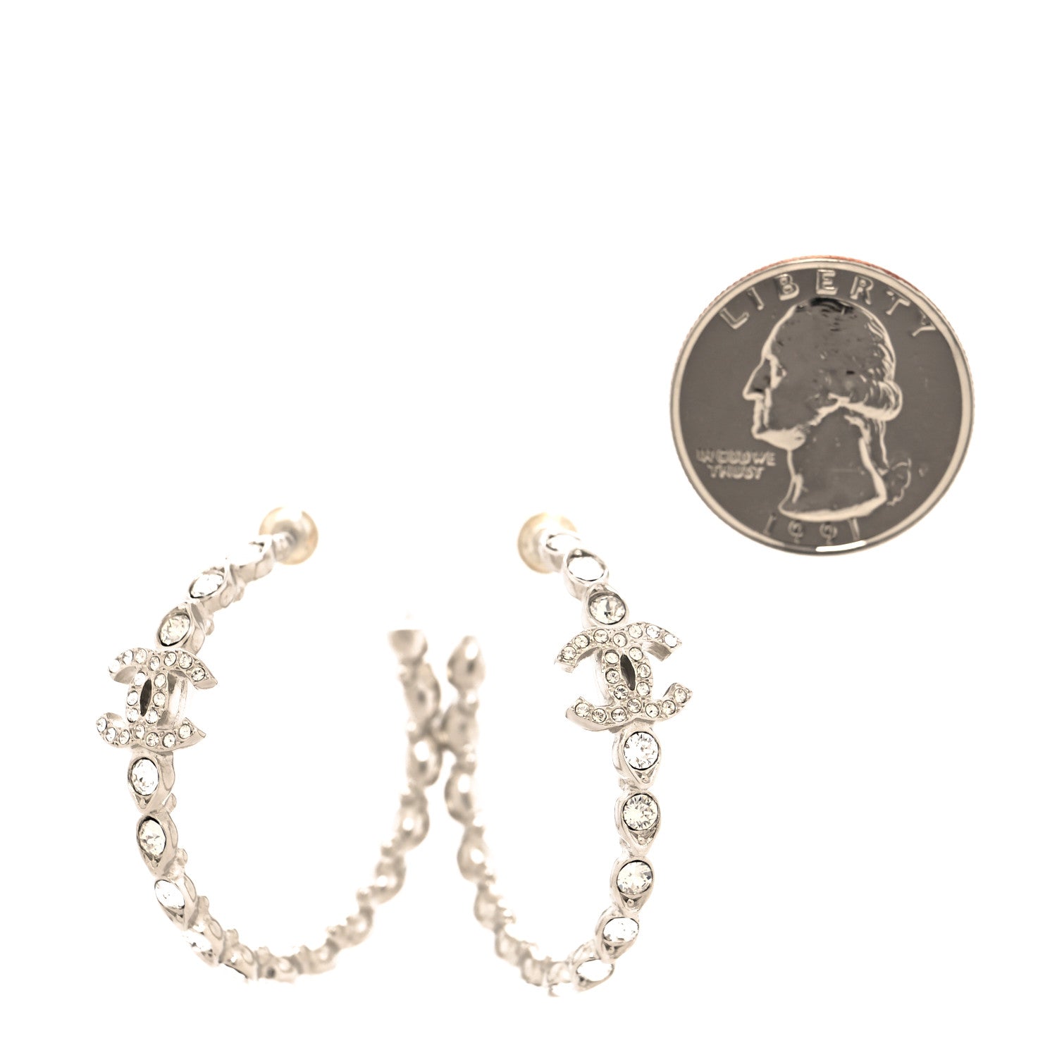 Chanel Metal Crystal CC Hoop Earrings Silver 2 of 4