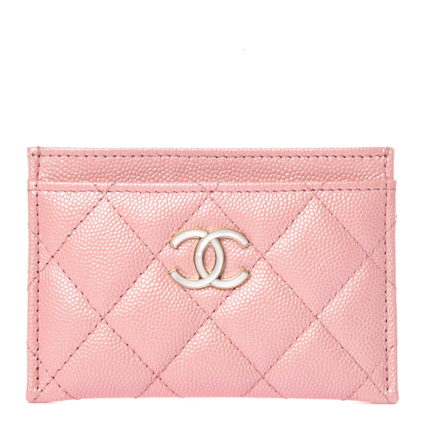 Iridescent Caviar Quilted Card Holder Rose Pink