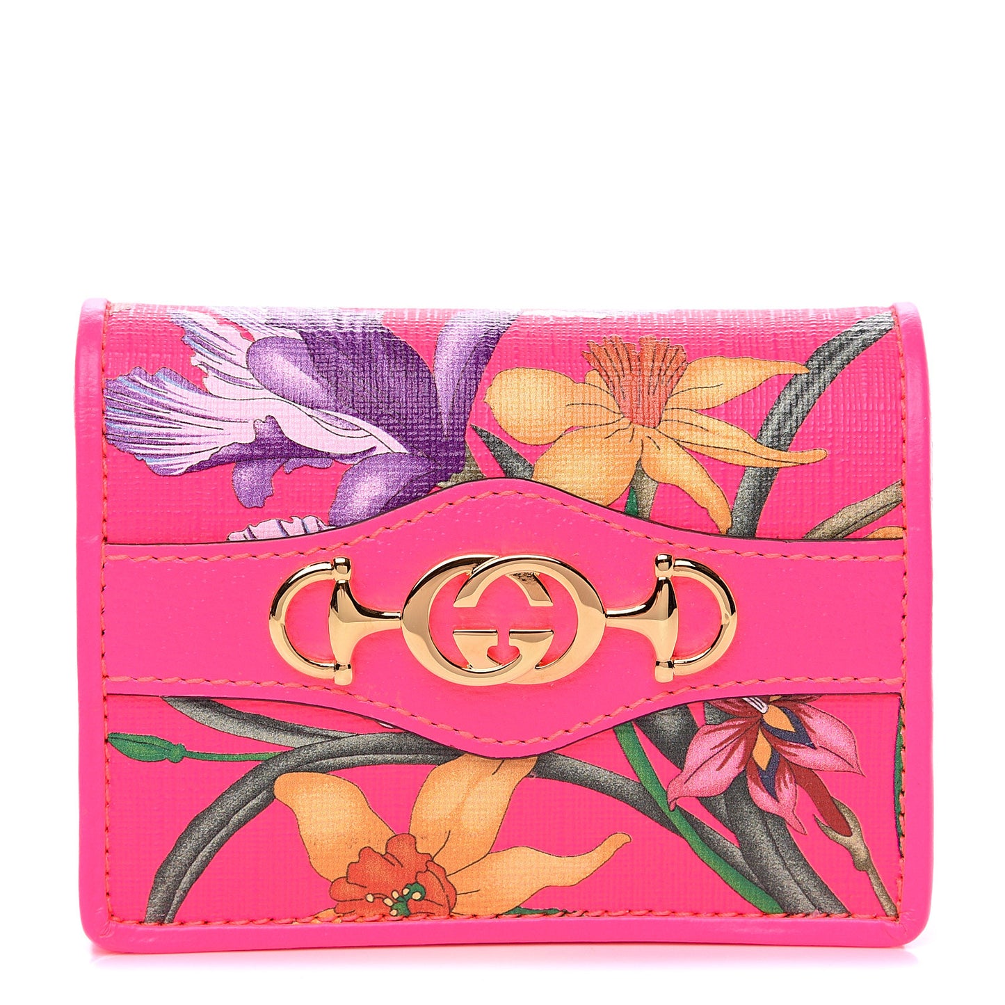 Calfskin Flora Print Zumi Card Case Fuxia Fluo
