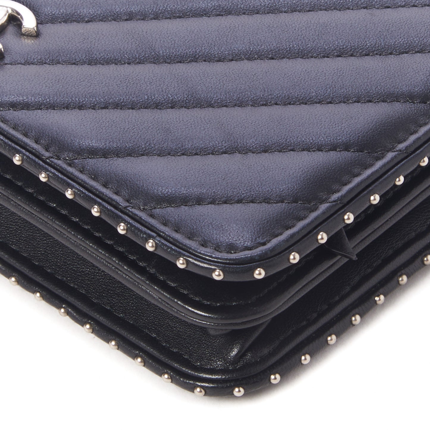 Lambskin Chevron Quilted Studded Wallet On Chain WOC Black