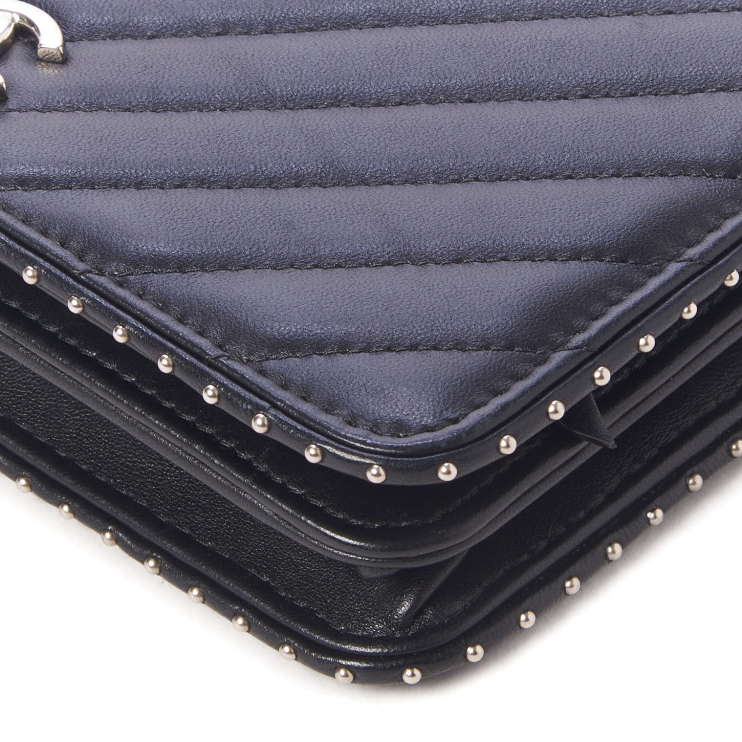 Chanel Lambskin Chevron Quilted Studded Wallet On Chain WOC Black 4 of 9