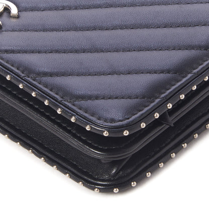 Chanel Lambskin Chevron Quilted Studded Wallet On Chain WOC Black 4 of 9