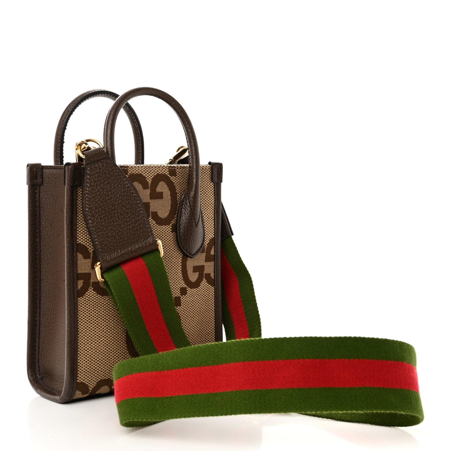 Gucci Monogram Jumbo GG Textured Dollar Calfskin Web Mini Vertical Tote Camel Ebony New Acero 3 of 9