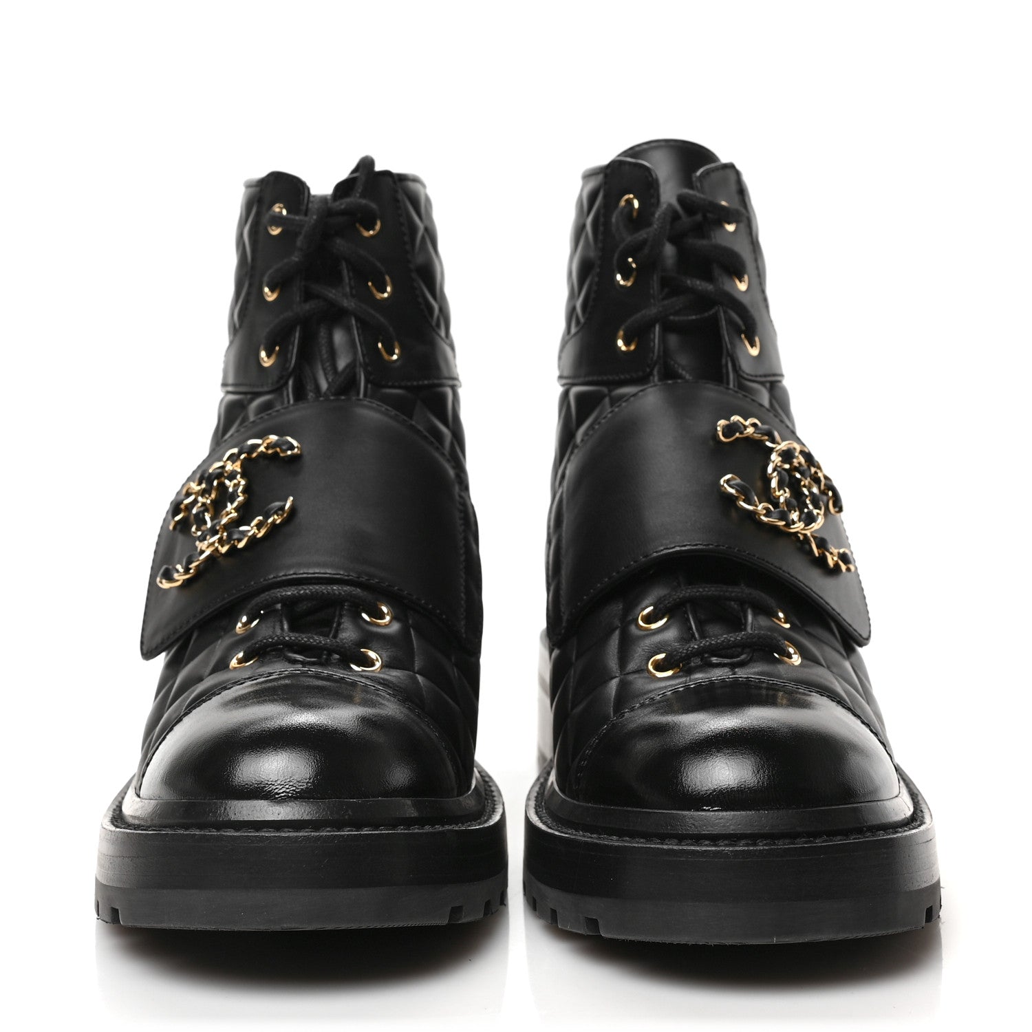 Chanel Shiny Calfskin Quilted Lace Up Combat Boots 39 Black 2 of 6