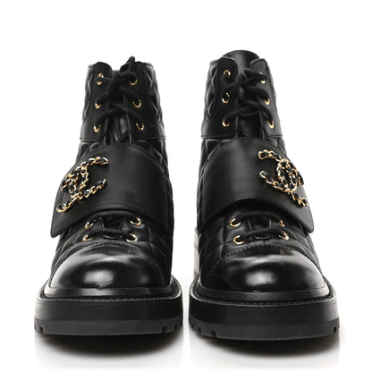 Chanel Shiny Calfskin Quilted Lace Up Combat Boots 39 Black 2 of 6