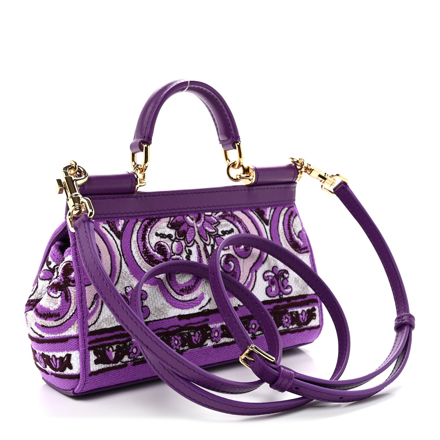 Dolce & Gabbana Canvas Embroidery Majolica Small Sicily Handbag Purple 3 of 9