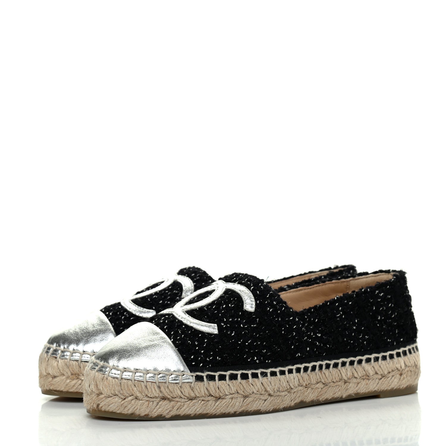 Chanel Metallic Lambskin Tweed CC Espadrilles 35 Black Silver 3 of 11