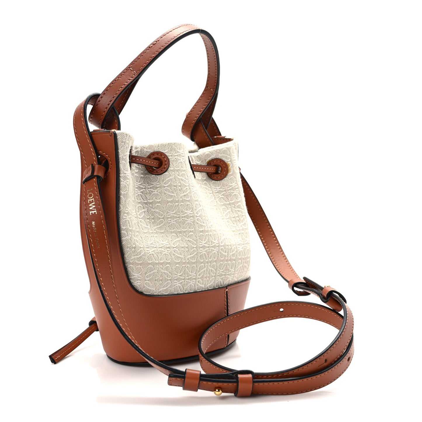 Calfskin Jacquard Linen Anagram Embroidered Mini Balloon Bucket Bag Ecru Tan