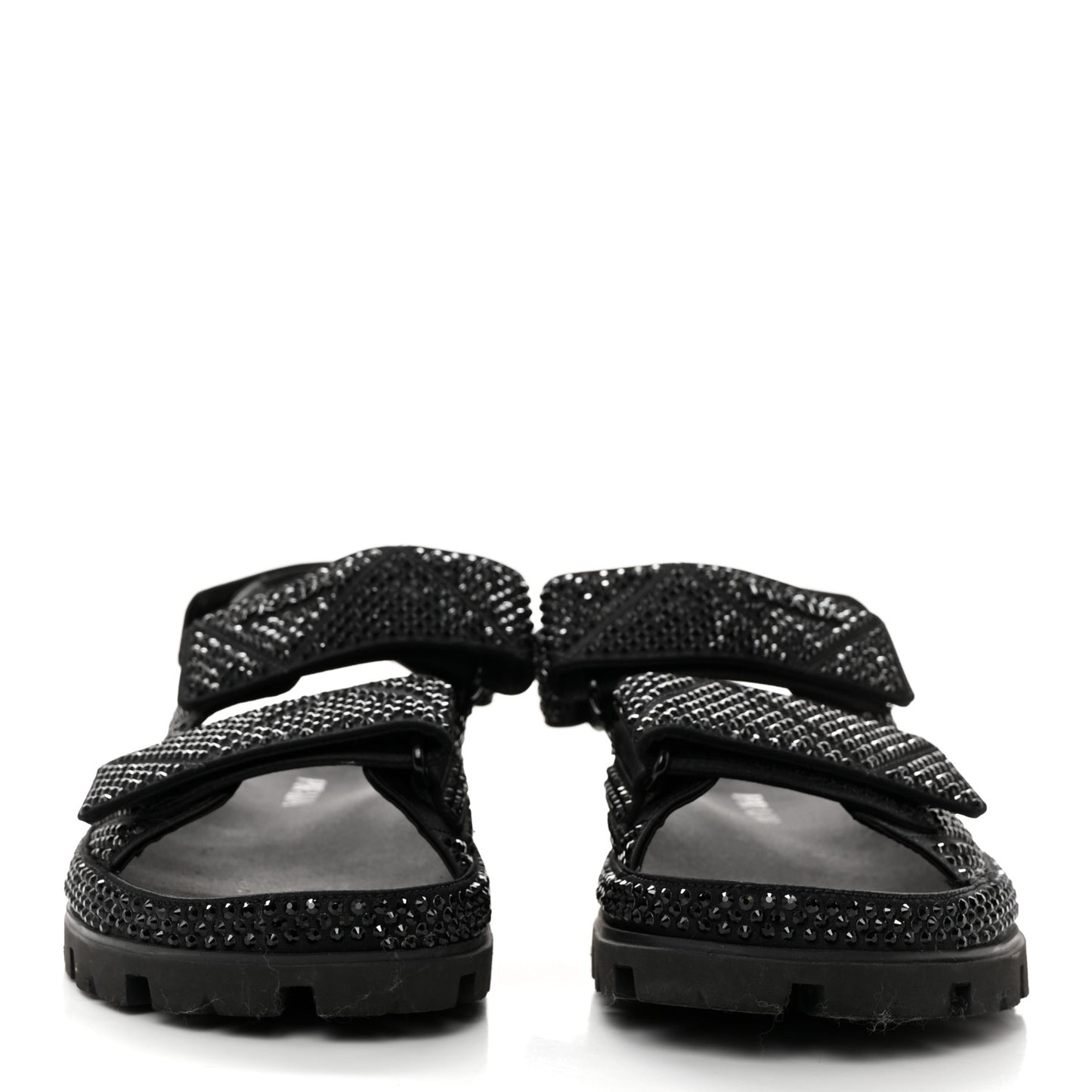 Satin Crystal Embellished Metal Logo Velcro Sandals 37.5 Black