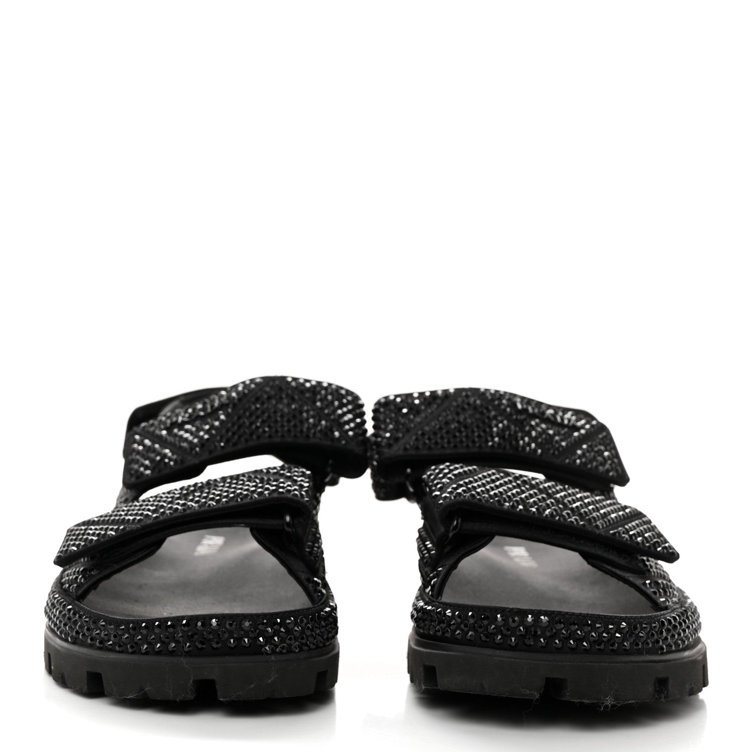 Prada Satin Crystal Embellished Metal Logo Velcro Sandals 37.5 Black 2 of 10