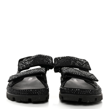Prada Satin Crystal Embellished Metal Logo Velcro Sandals 37.5 Black 2 of 10