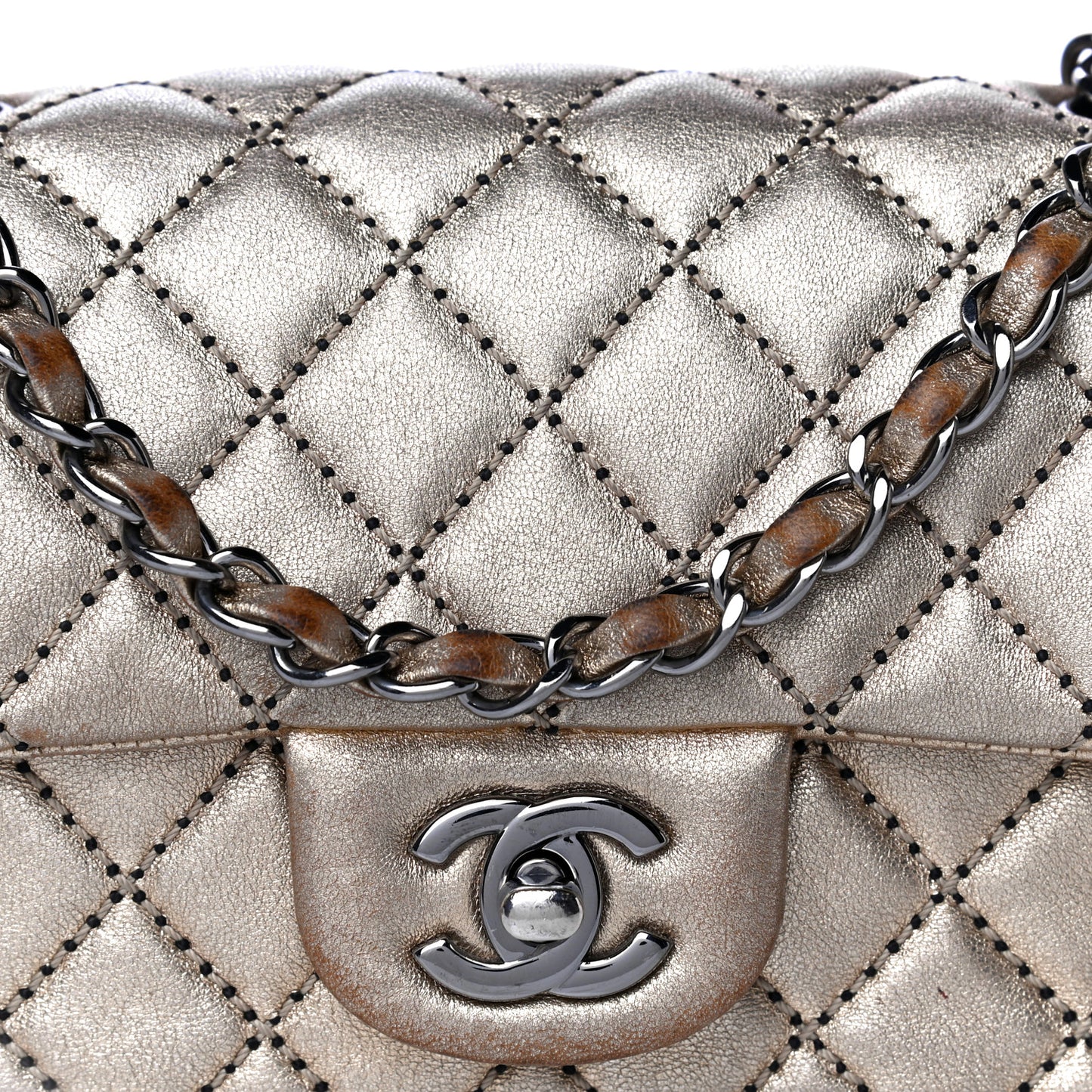 Metallic Lambskin Quilted Side Stitch Mini Rectangular Flap Gold