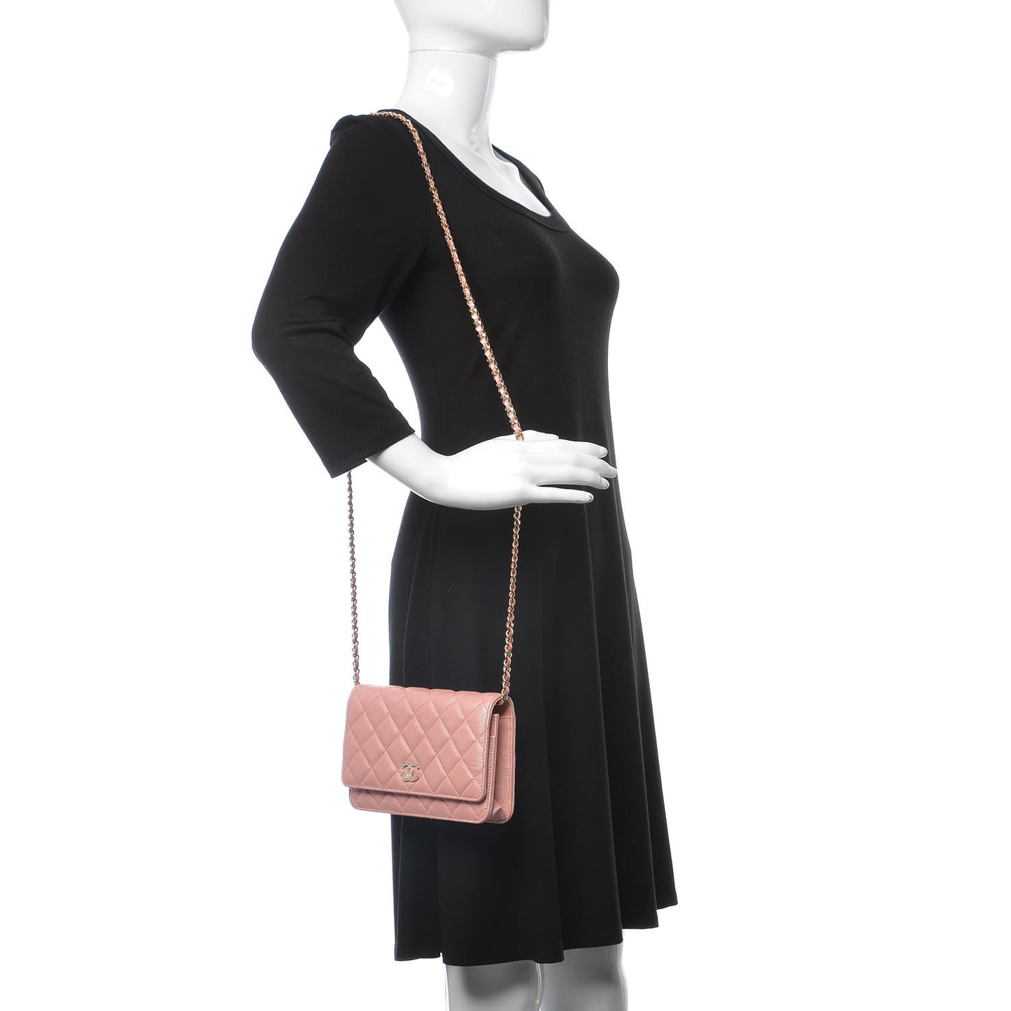 Iridescent Caviar Quilted Wallet on Chain WOC Rose Pink