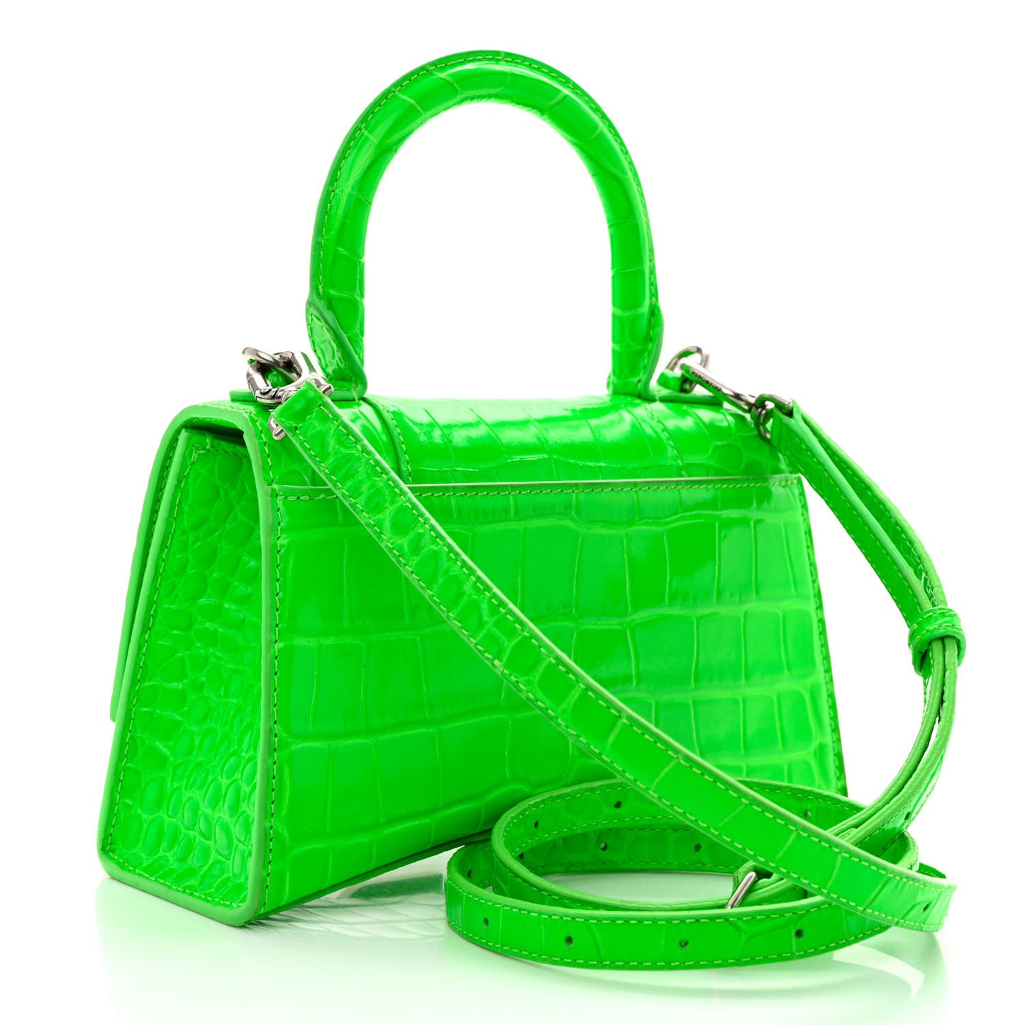 Shiny Calfskin Crocodile Embossed Hourglass Top Handle Bag XS Fluo Green