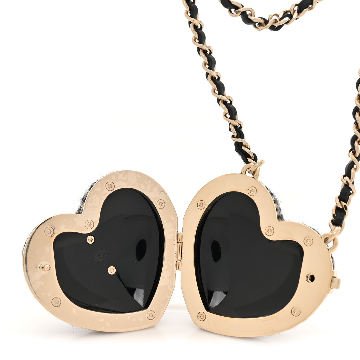 Tweed Lambskin CC Heart Locket Necklace Gold Black White