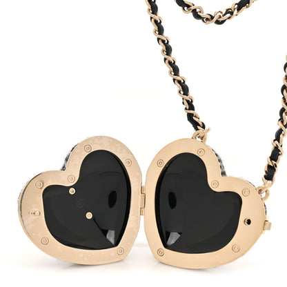 Chanel Tweed Lambskin CC Heart Locket Necklace Gold Black White 5 of 6