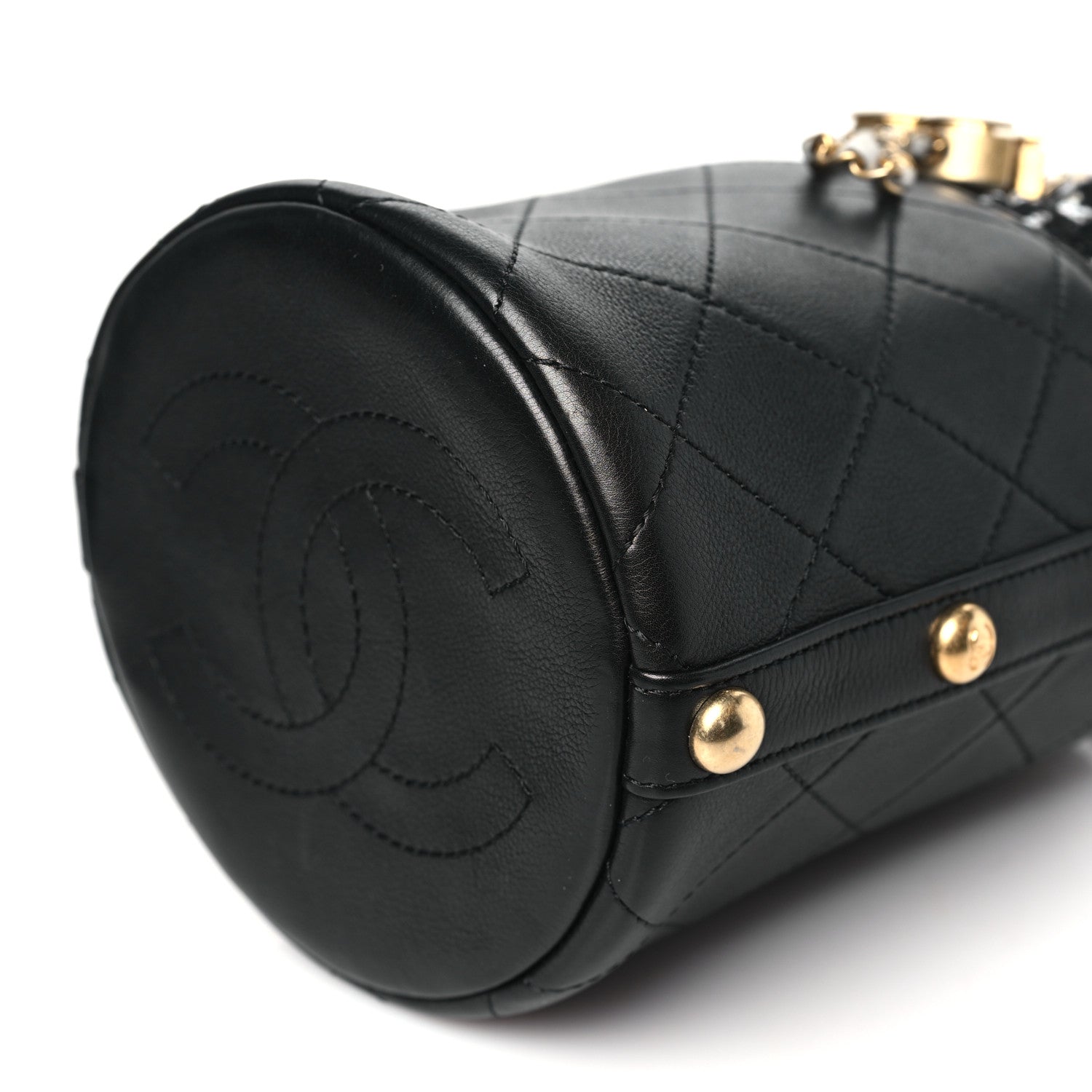 Chanel Calfskin Tweed Small CC Chain Bucket Drawstring Bag Black