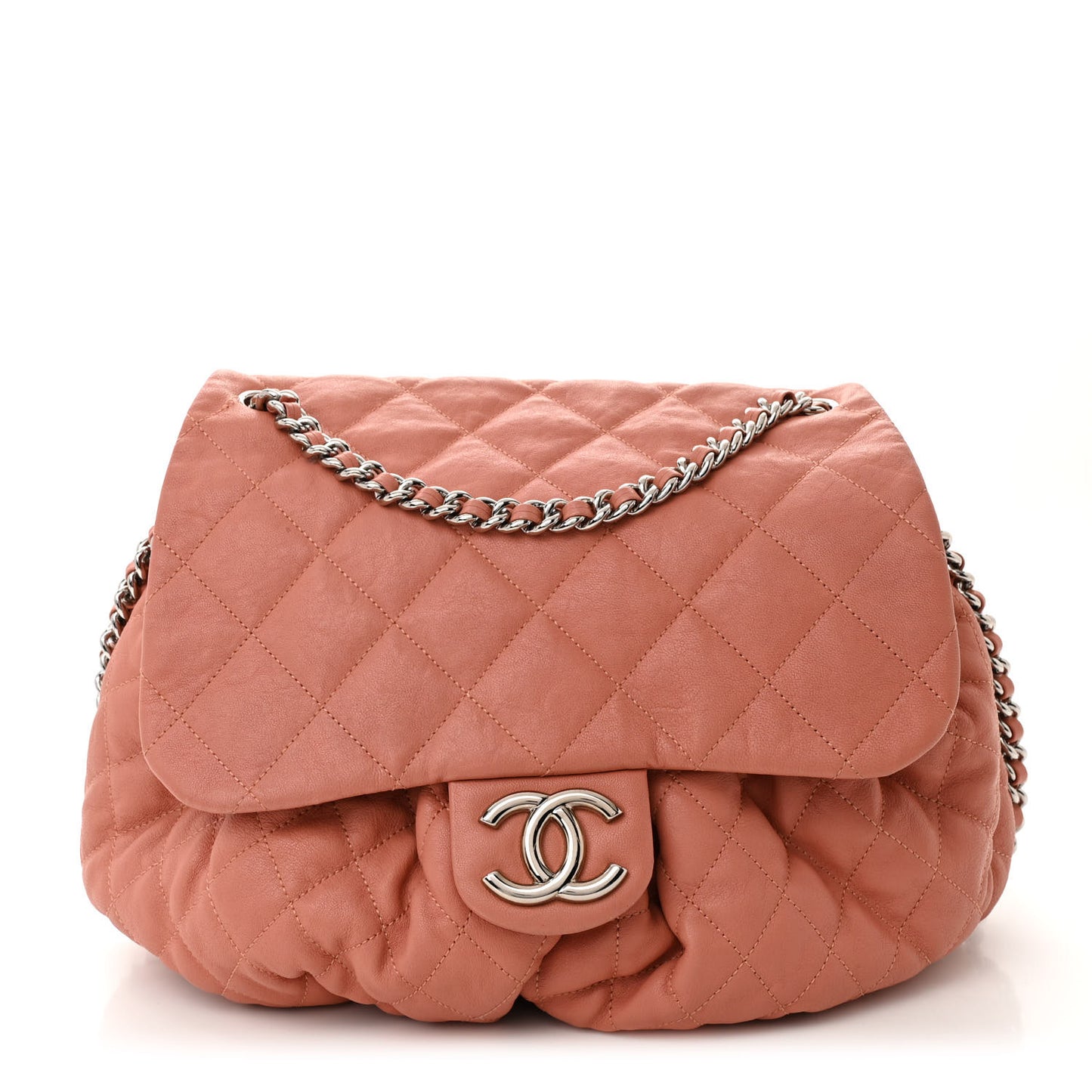 Washed Lambskin Quilted Large Chain Around Flap Coral