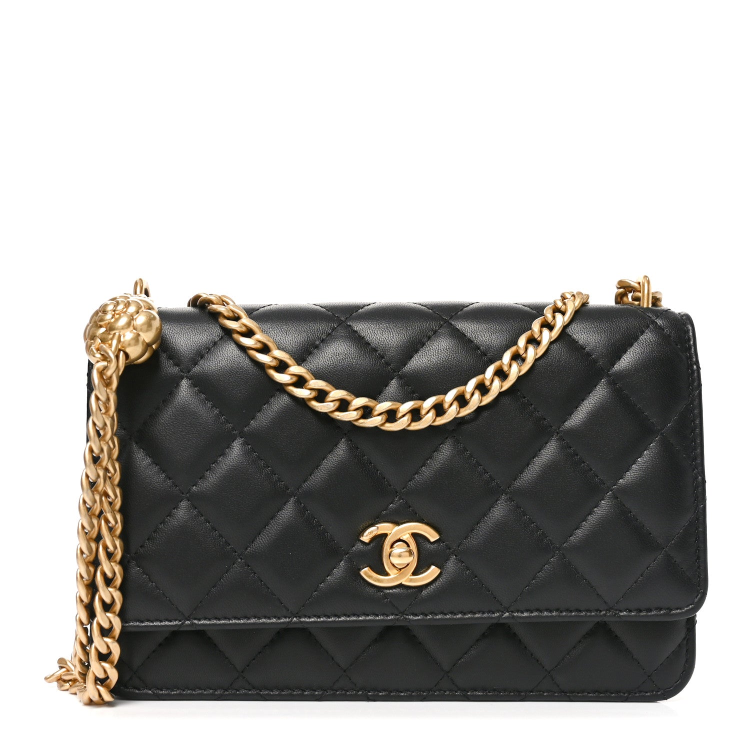 Chanel Lambskin Quilted Sweet Camellia Wallet on Chain WOC Black 1 of 12
