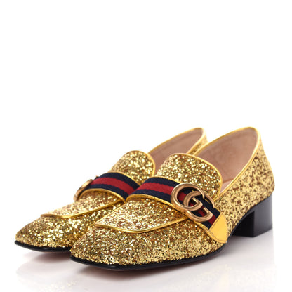 Gucci Glitter Web Peyton Loafers 36.5 Gold 3 of 11