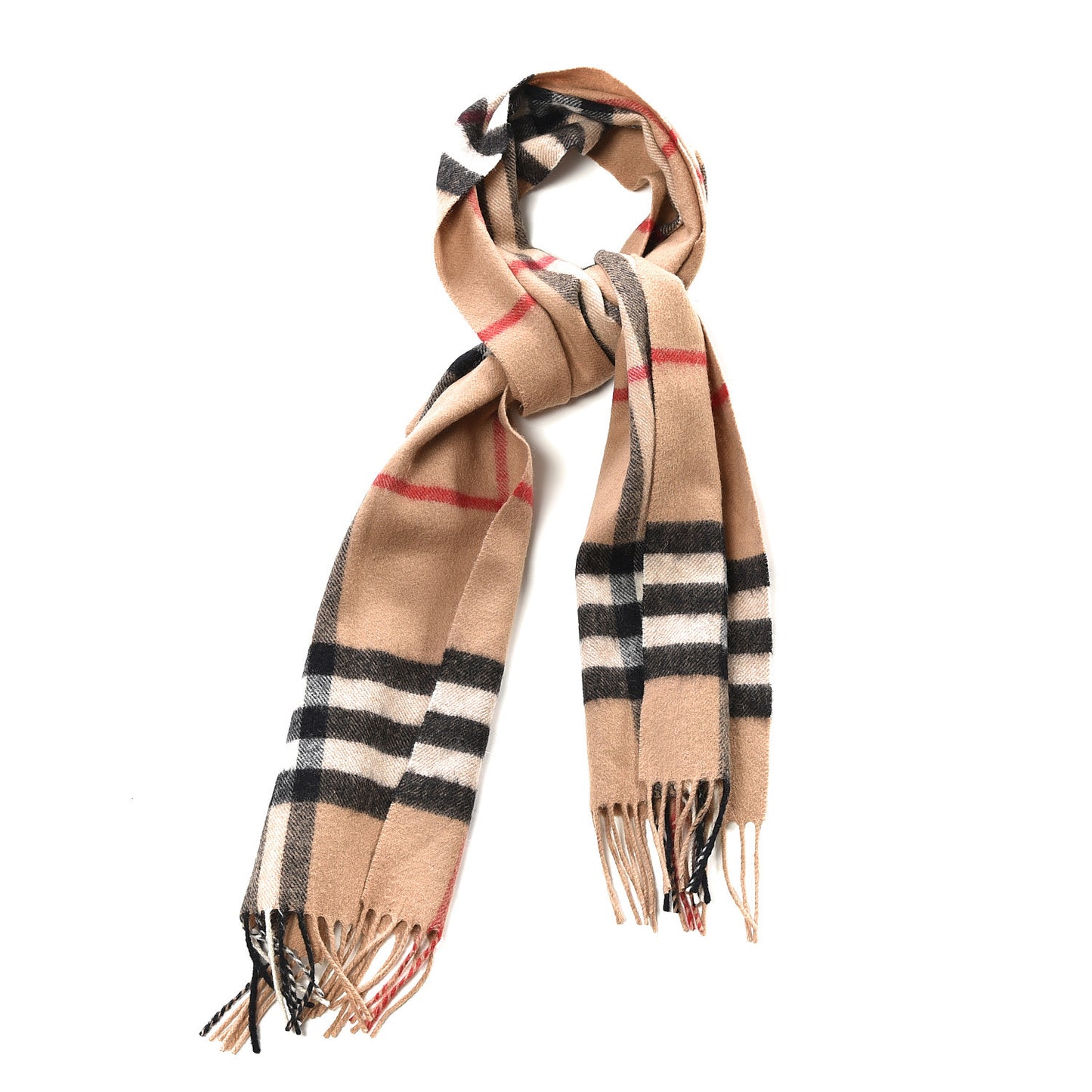 Cashmere Giant Check Fringe Scarf Camel