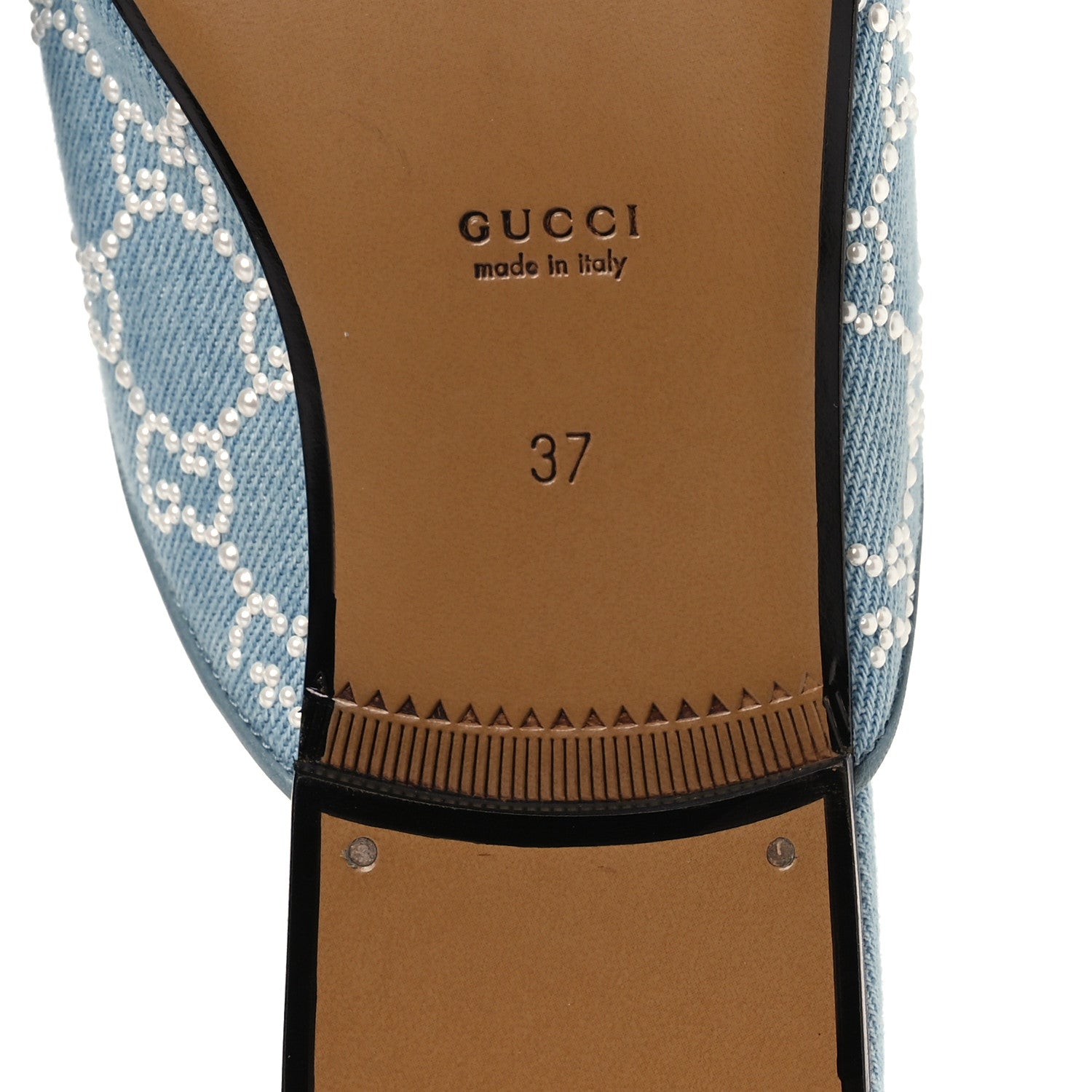 Gucci GG Denim Monogram Pearl Womens Princetown Slippers 37 Light Blue 8 of 10