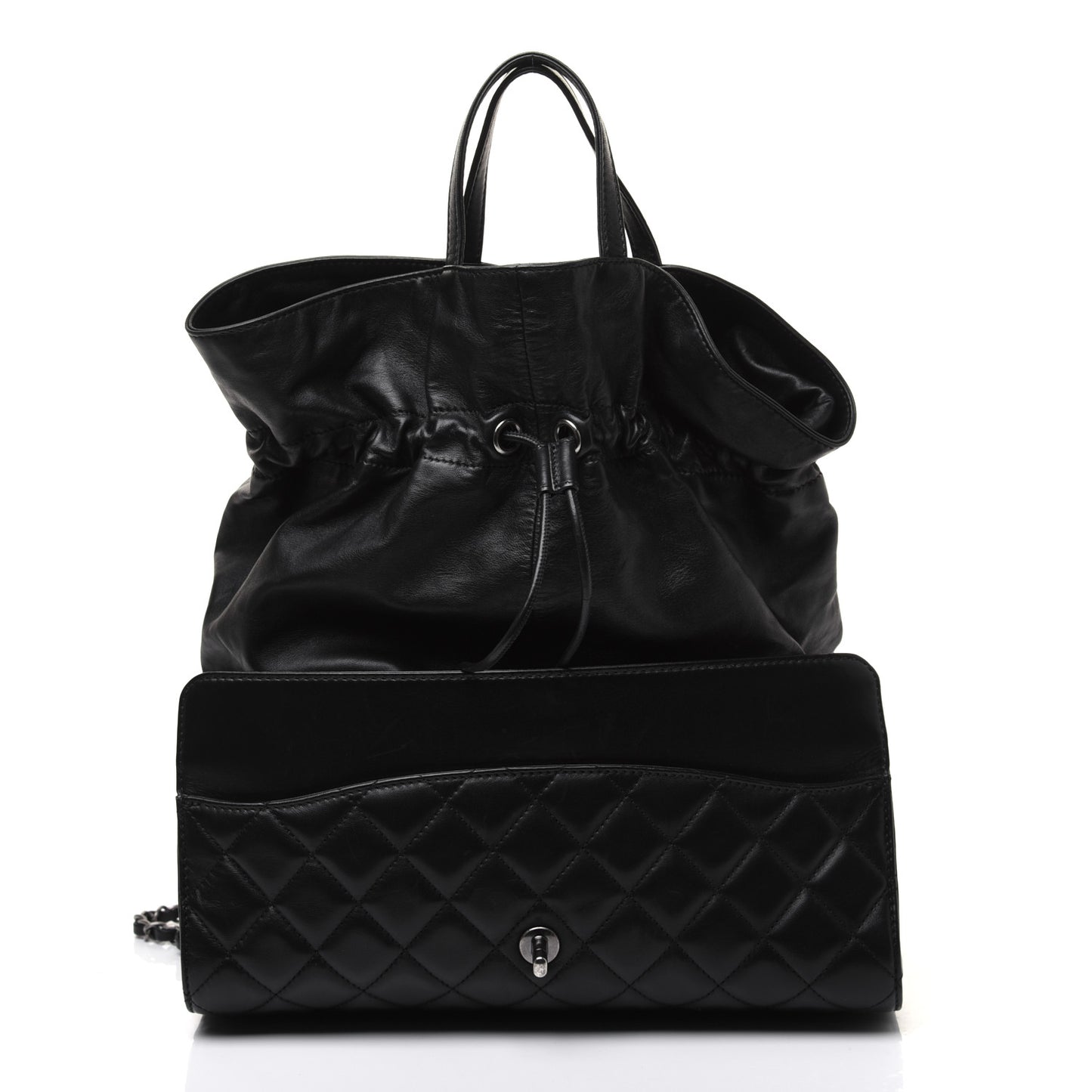 Lambskin Quilted Jumbo Grocery By Chanel Drawstring Shopping Bag Black