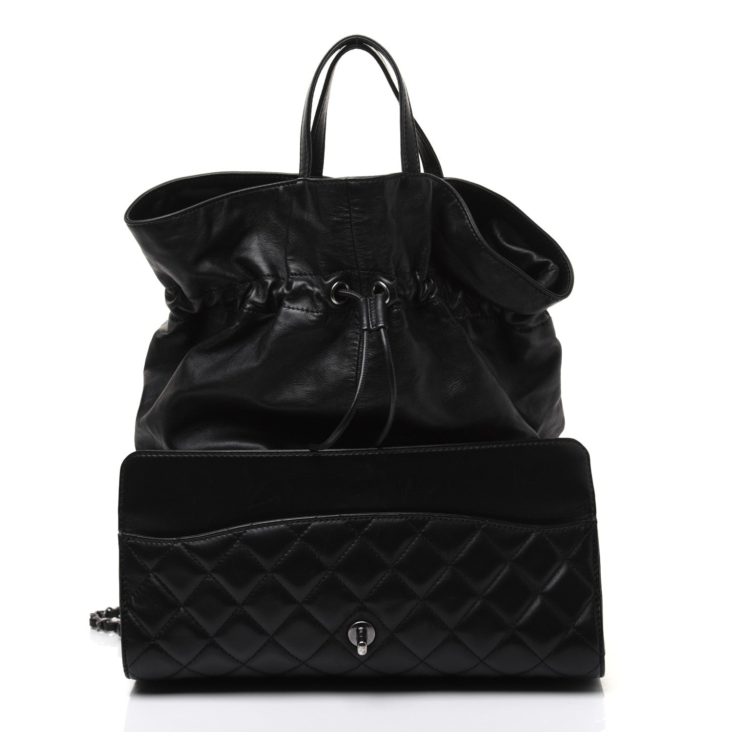 Chanel Lambskin Quilted Jumbo Grocery By Chanel Drawstring Shopping Bag Black 5 of 25