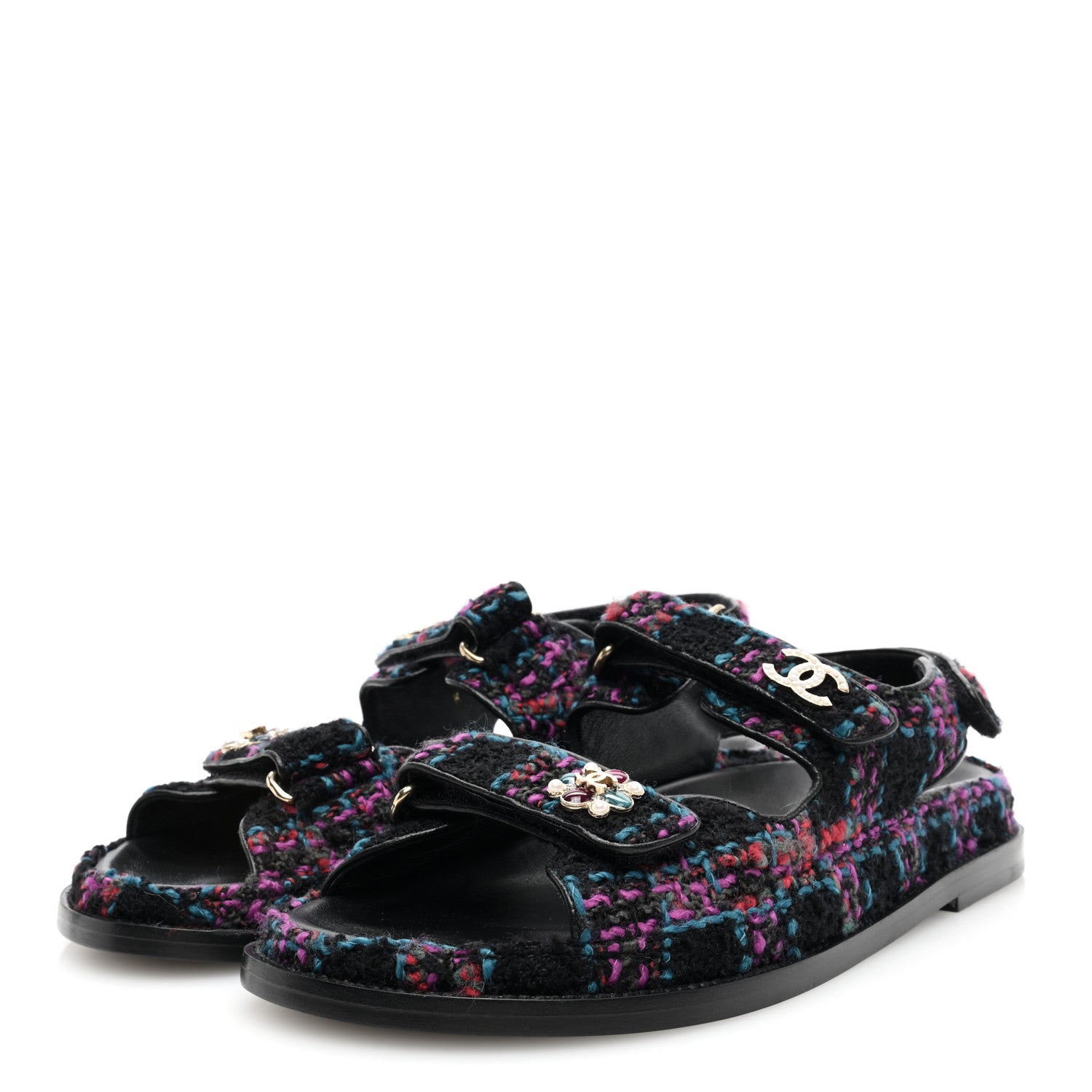 Chanel Wool Tweed Velcro Dad Sandals 39.5 Black Purple Green Red 2 of 9