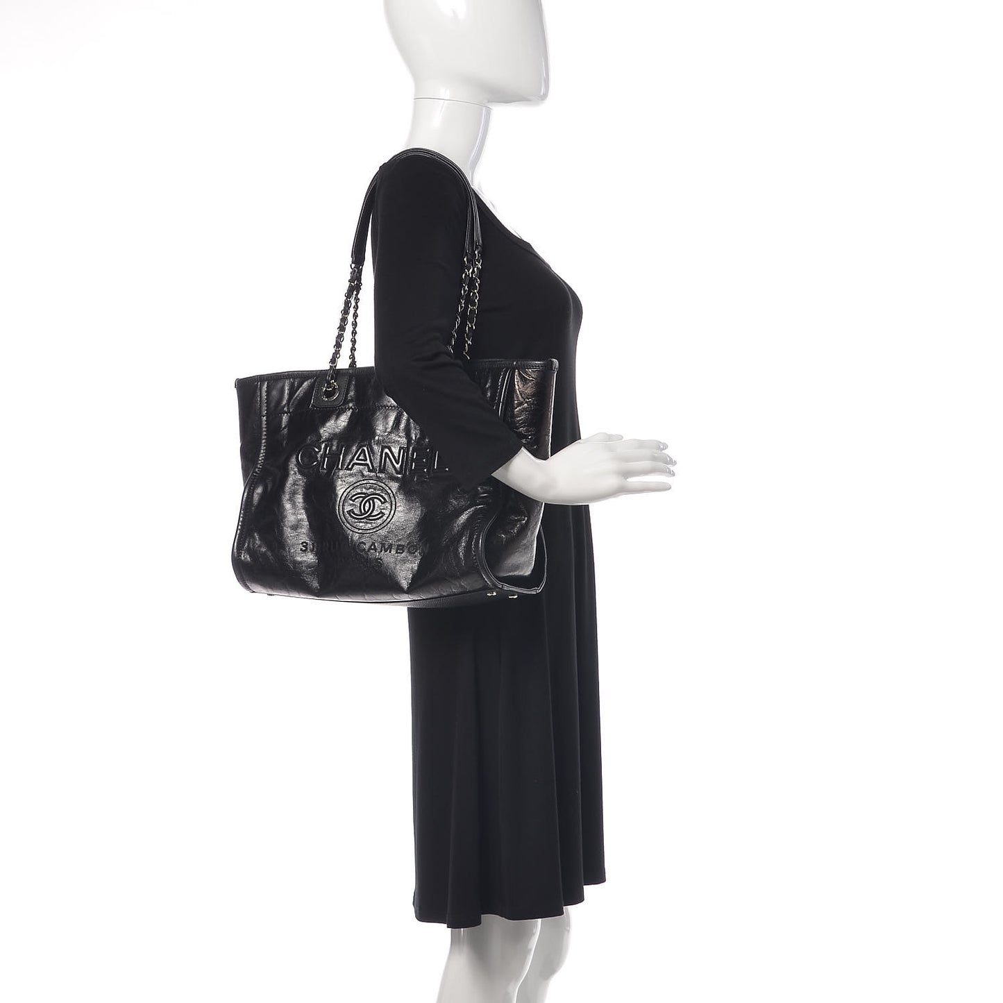Glazed Calfskin Small Deauville Tote Black