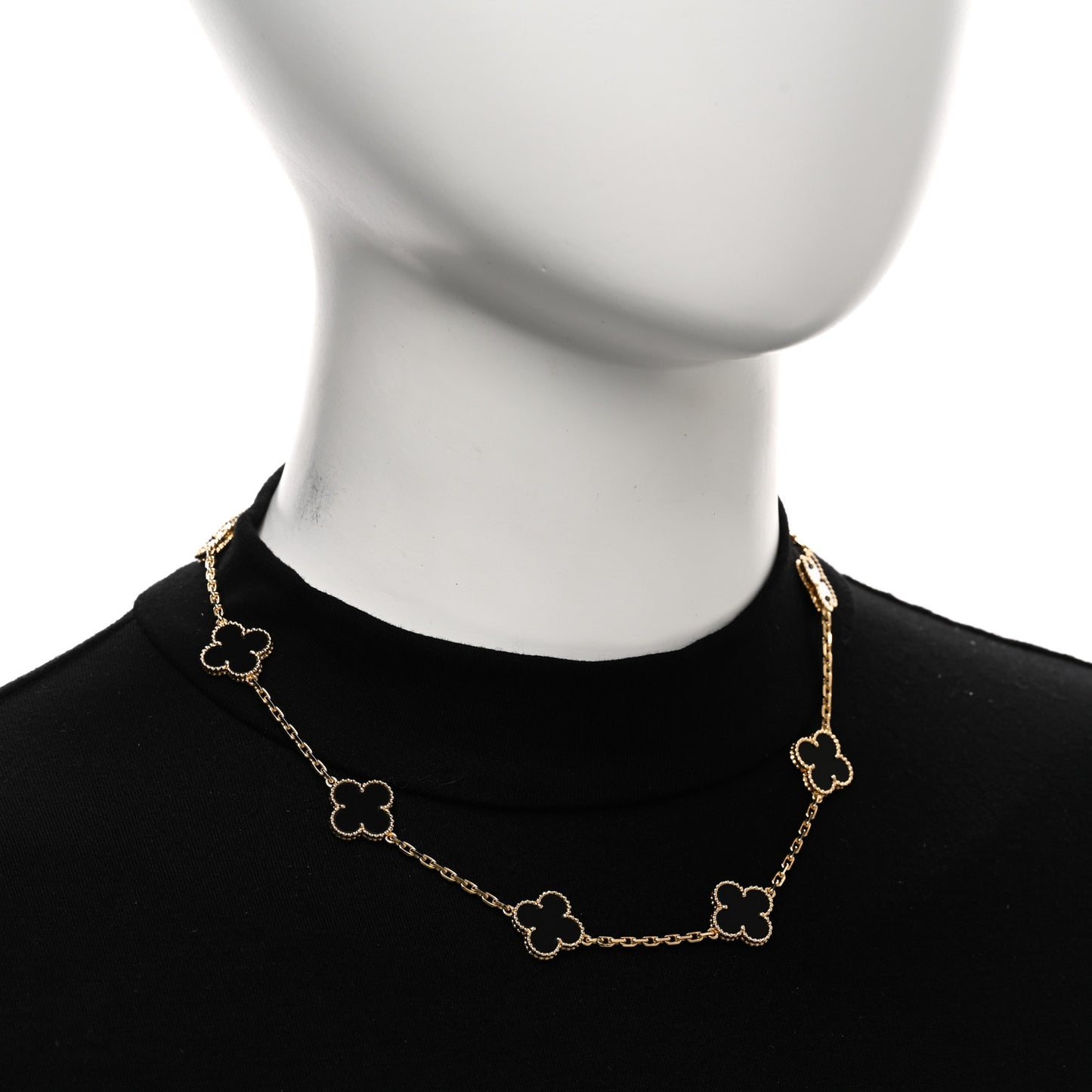 18K Yellow Gold Black Onyx 10 Motifs Vintage Alhambra Necklace